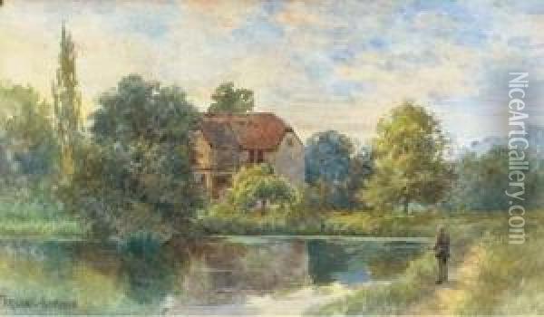 Fly-fishing Before A Watermill Oil Painting - George Parsons Norman
