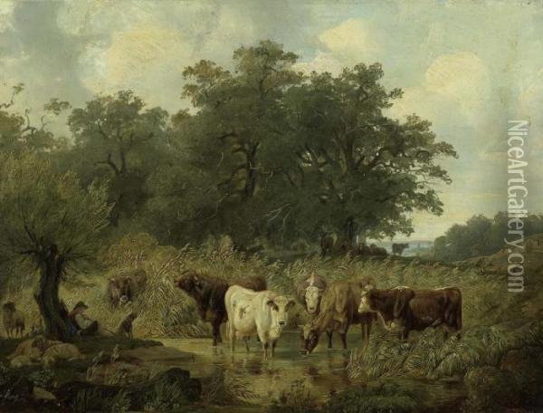 Kuhe Am Fluss Mit Rastendem Hirten Unter Einem Baum. Oil Painting - Friedrich Johann Voltz