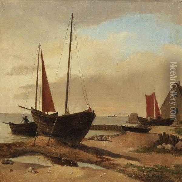 Coastal Scenery With Ships On The Beach Oil Painting - Carl Emil Baagoe