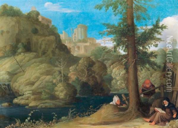 Ein Einsiedler Mit Zwei Gefahrten In Einer Bewaldeten Flusslandschaft Oil Painting - Johann (Hans) Konig