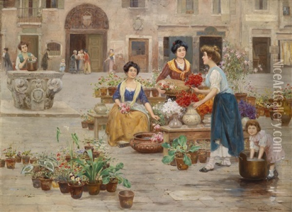 Am Blumenmarkt Oil Painting - Cesare Vianello