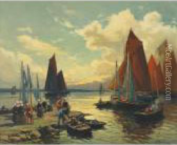 Brittany Harbour Oil Painting - Henri Alphonse Barnoin