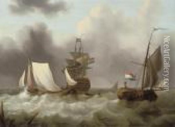 Dutch Shipping In A Heavy Swell Off The Coast Oil Painting - Johannes Hermanus Koekkoek