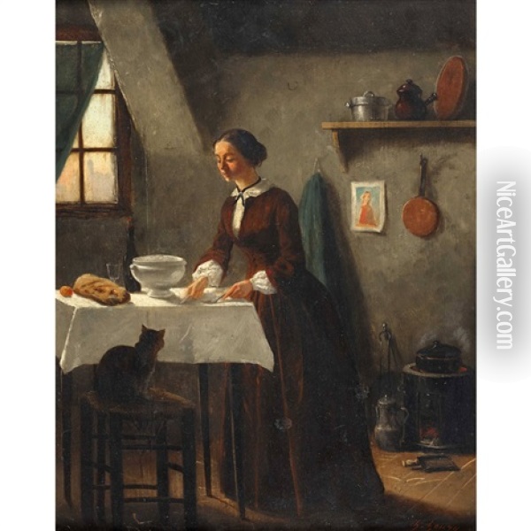 Interieur Mit Junger Frau Und Katze Oil Painting - Charles-Borromee-Antoine Houry