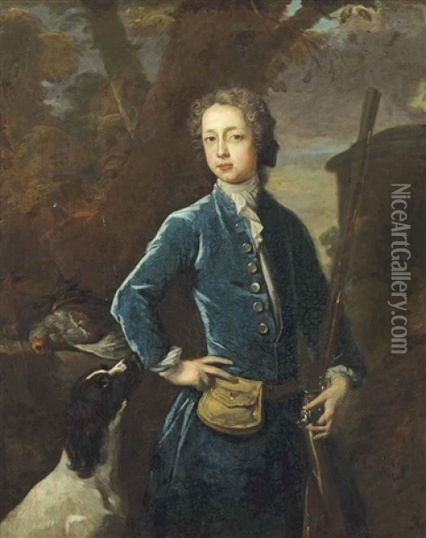 Portrait Of A Young Gentleman, Three-quarter-length, In A Blue Coat, With A Rifle Resting On His Left Arm And A Spaniel By His Side, In A Landscape Oil Painting - Enoch Seeman