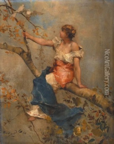 Jeune Femme Assise Sur Une Branche D'arbre, Deux Colombes Lui Faisant Face Oil Painting - Emile Auguste Pinchart