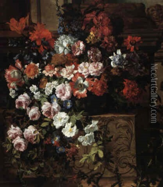 Still Life Of Flowers In A Bowl On A Carved Stone Ledge Oil Painting - Jean-Baptiste Monnoyer