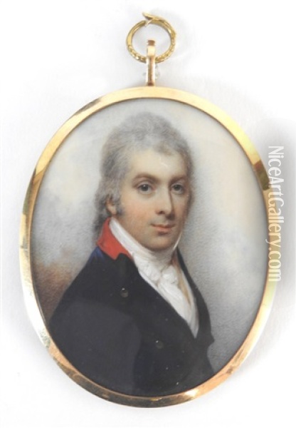 A Portrait Miniature Of A Gentleman Wearing A Blue Coat With A Scarlet Collar Oil Painting - William Wood