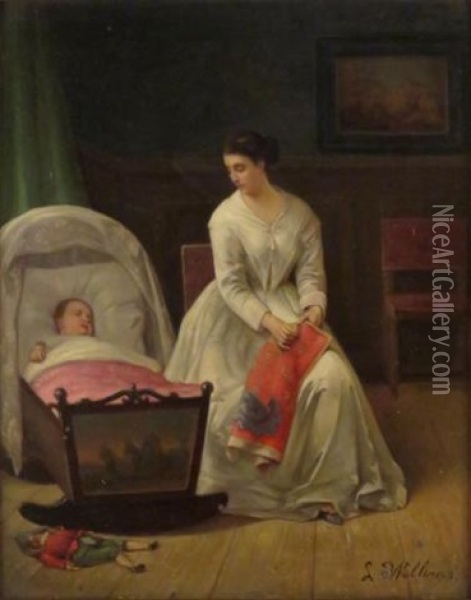 Mother With Baby In Cradle Oil Painting - Louis Willems