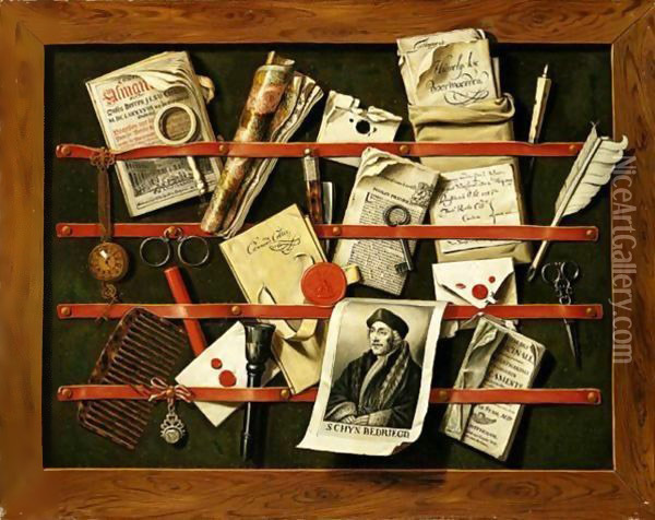 A Trompe L'A…a€œil Still Life Of Written And Printed Documents, A Printed Portrait Of Erasmus And An Envelope With Broken Seal, A Watch, A Comb, Pince-Nez, A Magnifying Glass, A Key, A Seal And Stick Of Sealing Wax Oil Painting - Edwart Collier