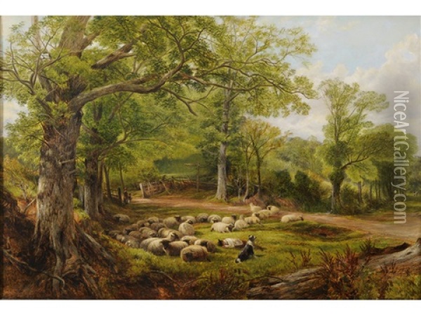 Landscape With Sheep: A Summer Day Oil Painting - Frederick William Hulme