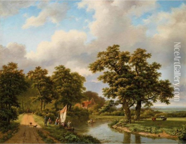 Wooded Landscape With Figures And Cattle By A River Oil Painting - Marianus Adrianus Koekkoek