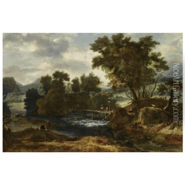 A River Landscape With Travellers Crossing A Wooden Bridge And Two Fishermen On The Nearside Riverbank Oil Painting - Roelant Roghman