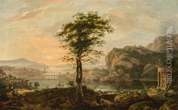 Sydlandsk Landskap Med Rundt Tempel Oil Painting - Johan Christian Dahl
