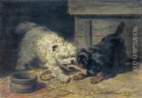 Zwei Hunde Mit Knochen Vor Ihrer Hutte. Oil Painting - Henriette Ronner-Knip