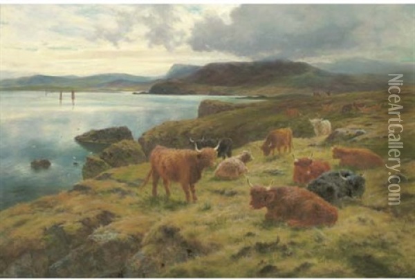 Highland Cattle In A Coastal Landscape Oil Painting - Louis Bosworth Hurt