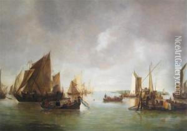 A Busy Estuary With Numerous Vessels And An Elegant Company In A Lighter Oil Painting - Jan Van De Capelle