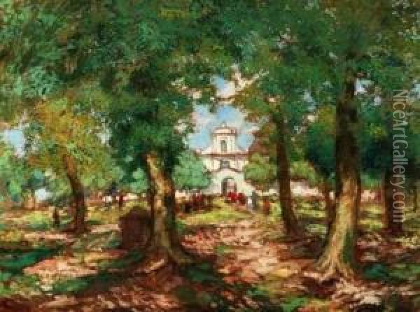 Chruch Viewed Through The Trees Oil Painting - Gustav Macoun