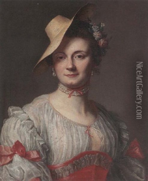 Portrait Of A Lady In A White And Pink Dress, Wearing A Pearl Necklace And A Straw Hat Oil Painting - Francois Pascal Simon Gerard