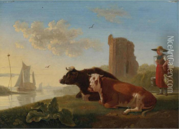 Landscape With Cattle And Milkmaid Oil Painting - Jacob Van Stry