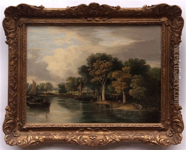 River Landscape With Figures And Boats Oil Painting - Samuel David Colkett