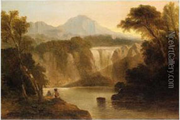 Figures In A Waterfall Landscape Oil Painting - William Linton