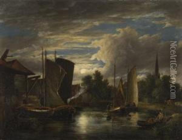 Boats On The River Wensum By Moonlight Oil Painting - John Berney Crome