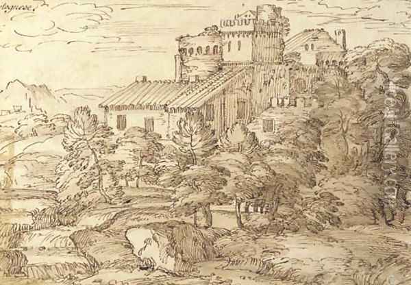 An extensive wooded landscape with fortified farm buildings Oil Painting - Giovanni Francesco Grimaldi