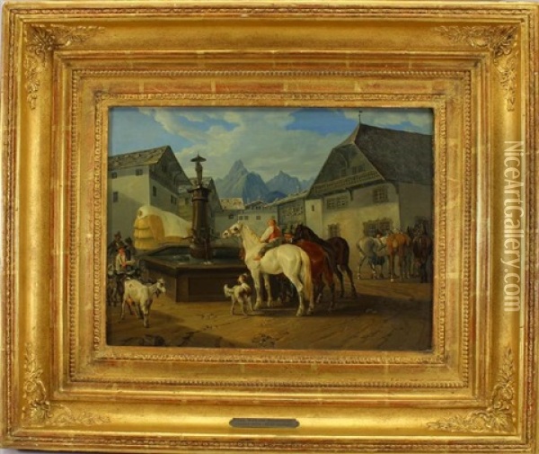 Horses Near A Fountain Oil Painting - Johann Wilhelm Baumeister