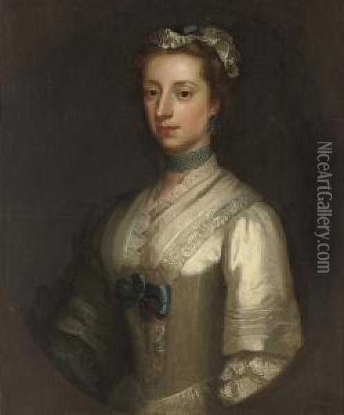Portrait Of Elizabeth, 
Viscountess Lewisham (d. 1745), Countess Ofguilford, Half-length, In A 
White Dress With Blue Trimmings And Alace Cap, In A Feigned Oval Oil Painting - Thomas Bardwell