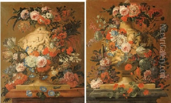Natures Mortes Aux Fleurs Sur Un Entablement Avec Vases Et Amours En Grisaille (pair) Oil Painting - Jan-Baptiste Bosschaert