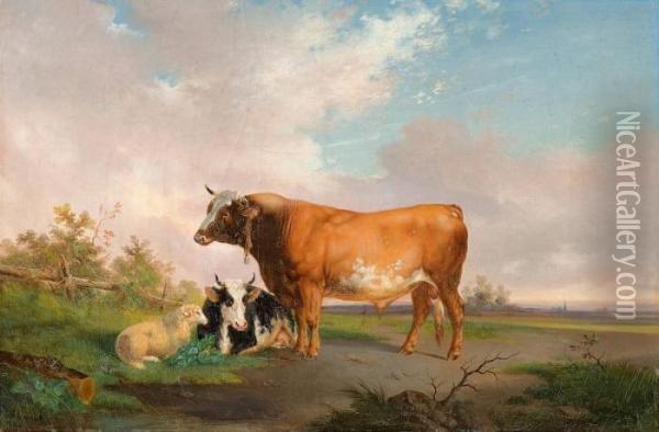 Cattle In Landscape Oil Painting - Victor Herment
