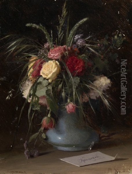 Vase Of Flowers And A Visiting Card Oil Painting - Ivan Nikolaevich Kramskoy