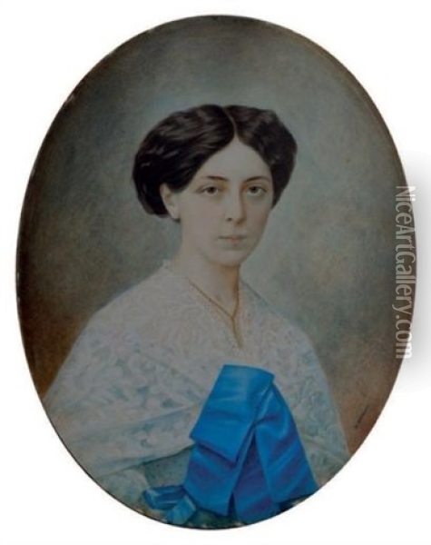 Portrait En Buste D'une Jeune Femme Au Ruban Bleu Oil Painting - Alexandre Wegner