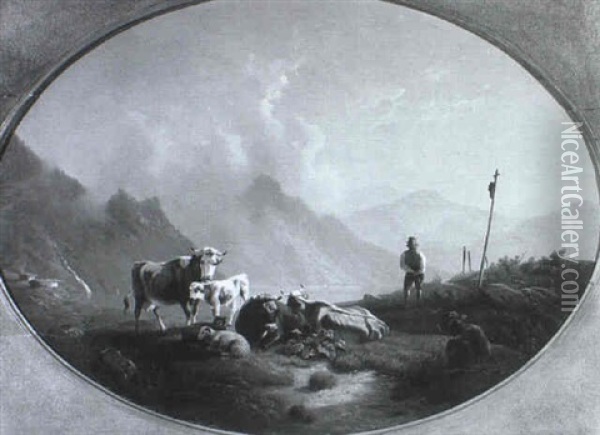 An Einem Idyllisch Gelegenen Gebirgssee Weiden Kuhe Und     Schafe Oil Painting - Ernst Heinrich Richard