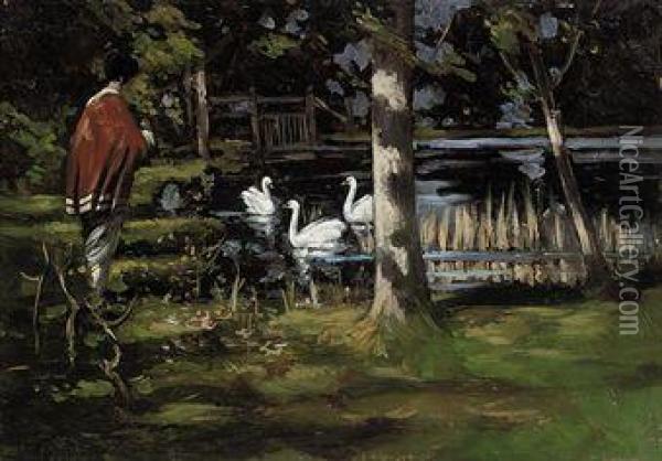 Japanese Woman Beside A Lake With Swans Oil Painting - George Henry