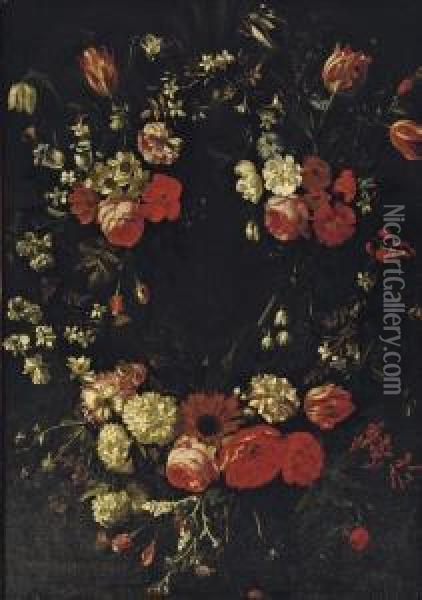 A Cartouche Surrounded By A Garland Of Roses, Tulips, Violets And Other Flowers Oil Painting - Bartholomeus Van Winghen