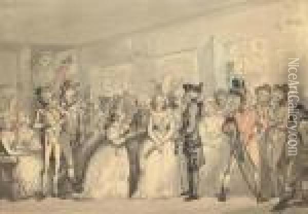 Foyer Of The Haymarket Theatre During The 'surrender Of Calais' Oil Painting - Thomas Rowlandson