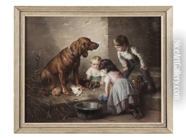 Children Playing With Dog And Puppies Oil Painting - Carl Reichert