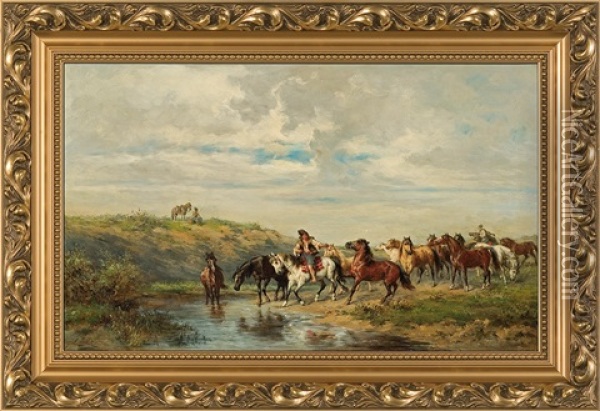 Cossacks Hurrying Horses Oil Painting - Ludwig Gedlek