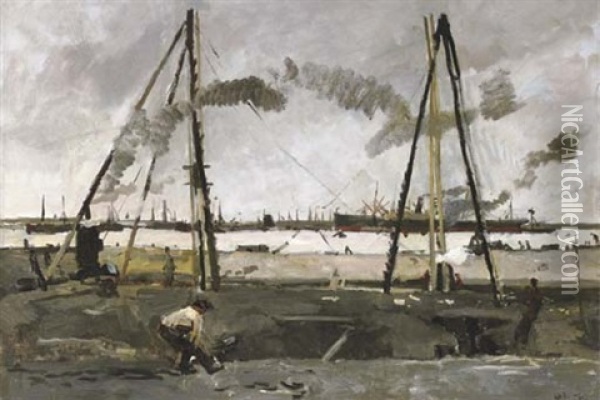 Heiwerk Aan De Van Diemenstraat: Construction Work In The Amsterdam Harbour Oil Painting - George Hendrik Breitner