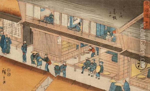 Akasaka From The Series Tokaido Gojusantsugi Oil Painting - Utagawa or Ando Hiroshige