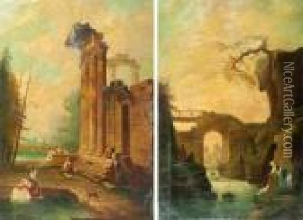 Paysage Aux Ruines Et Paysage Au Pont Animes De Personnages Oil Painting - Hubert Robert