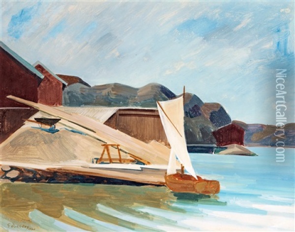 Segelbat Vid Brygga Oil Painting - Ewald Dahlskog