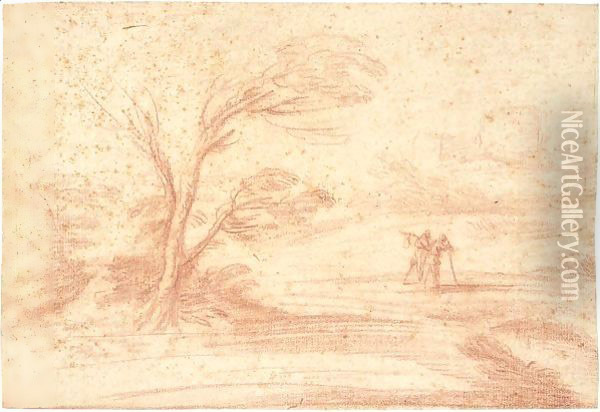 A Landscape With A Tree And Two Travellers Near A Pond In The Foreground, And Distant Buildings Behind Oil Painting - Giovanni Francesco Barbieri