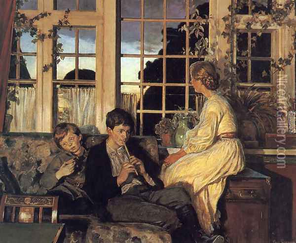 A Mother and Children by a Window at Dusk Oil Painting - Viggo Christian Frederick Pedersen