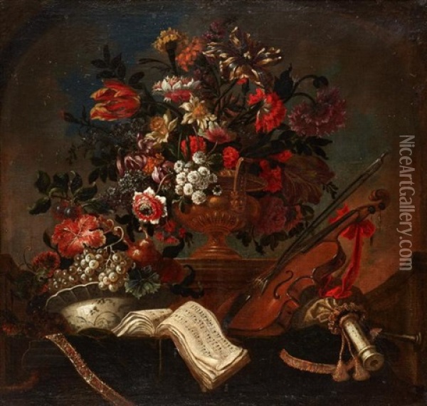 Fleurs Dans Un Vase De Bronze Pose Sur Un Entablement, Partitions Et Instruments De Musique Oil Painting - Pierre Nicolas Huilliot