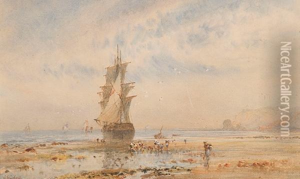 Beached Sailing Ship And Figures On Theshore Oil Painting - George Weatherill