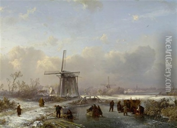 Winterlandschaft Mit Einem Zugefrorenem Kanal Und Figuren Oil Painting - Pieter Lodewijk Francisco Kluyver