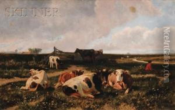 Cows At Rest In A Landscape Oil Painting - Hendrik Savrij